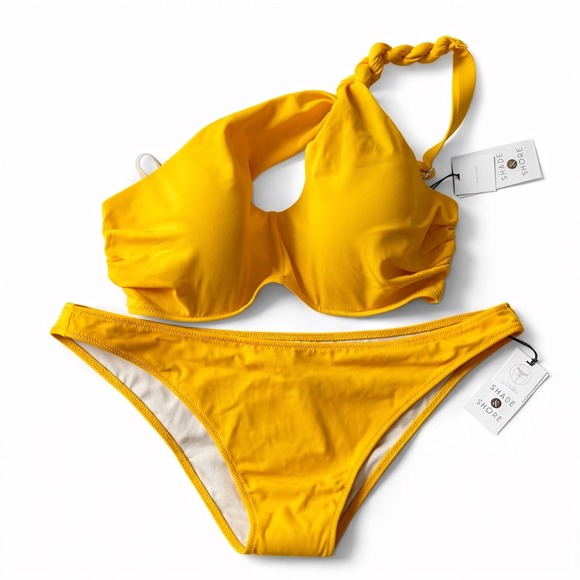 Shade & Shore Yellow One Shoulder Bikini Set Size L/34D NWT Braided Strap Swim - Picture 2 of 6